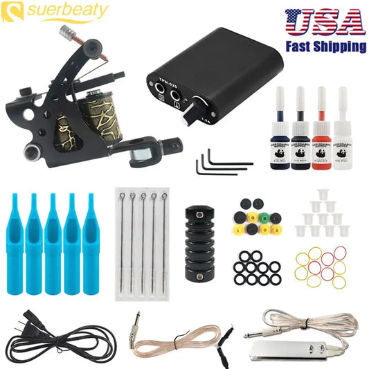 Complete Coil Tattoo Machine Kits Tattoo Gun Set with Power Supply Grip Body Art Tools Permanent Makeup Tattoo Set for Beginner